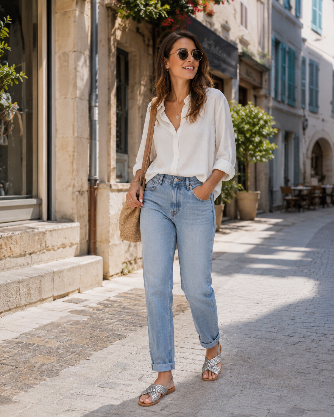 une femme en tenue style plus urbain, le jean clair portant les sandales plates à brides croisées tressées argenté